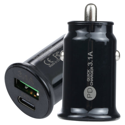 Black mini car charger with USB-C and USB-A ports, PD quick 3.1A