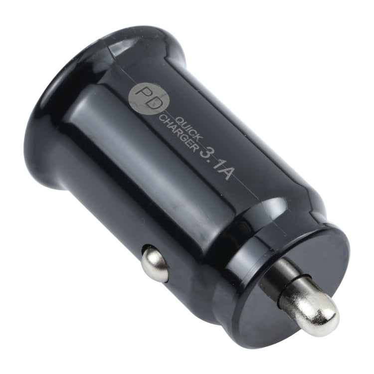 Black mini car charger with PD quick 3.1A and metal plug, angled view
