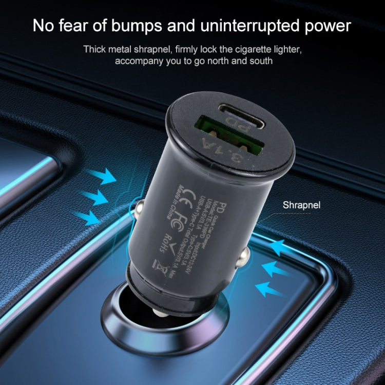 Black mini PD car charger with USB ports, green indicator, metal plug