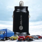 Black mini car charger with PD quick 3.1A and dual USB ports, front view