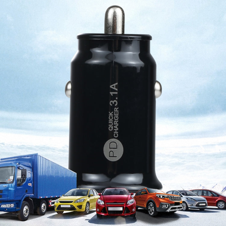 Black mini car charger with PD quick 3.1A and dual USB ports, front view