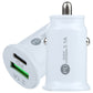 White mini car charger with USB-C and USB-A ports, PD quick 3.1A, metal plug