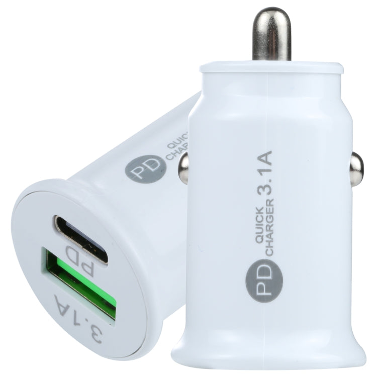 White mini car charger with USB-C and USB-A ports, PD quick 3.1A, metal plug