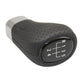 5-speed gear knob with perforated black leather texture and silver base