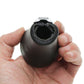 Black leather gear shift knob top view held in hands, showing circular socket
