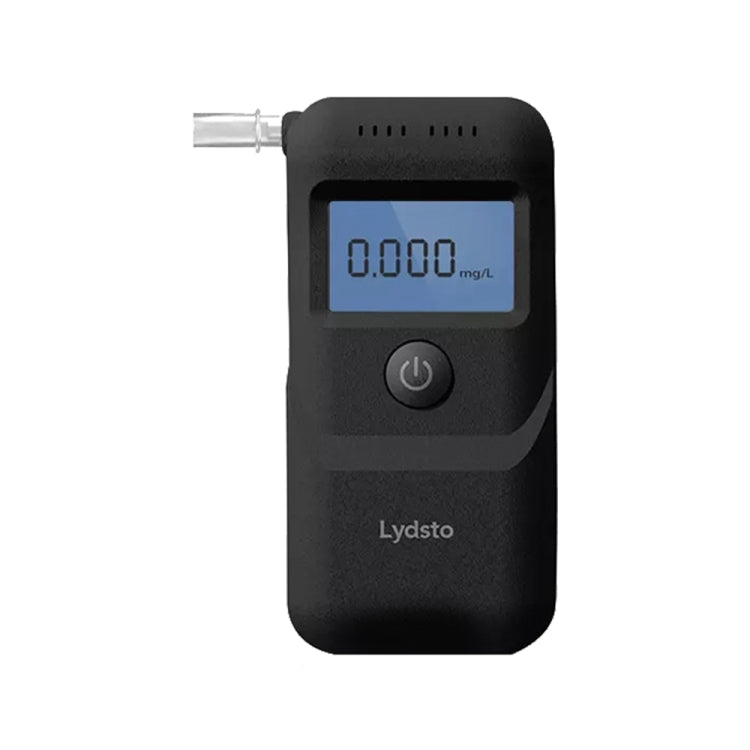 Black digital alcohol tester with blue LCD screen and side power button
