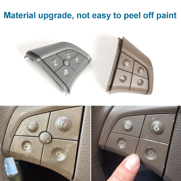 Steering wheel switch panel, grey and coffee brown with close-up icon button detail