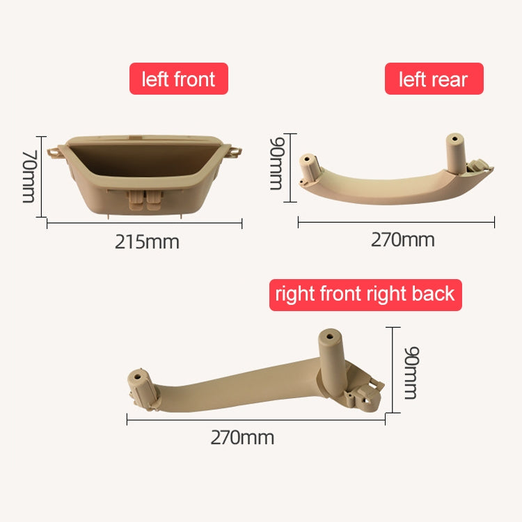 Beige left front inner door handle pull trim cover, multiple angles