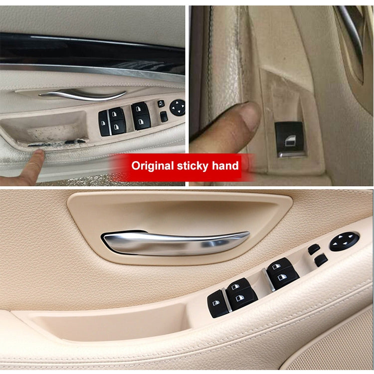 Installed beige interior door handle trim cover with matching switch bezel covers