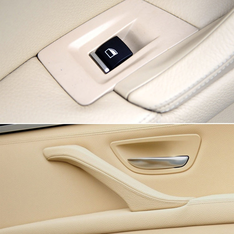 Installed beige door handle pull trim with chrome handle insert and switch cover