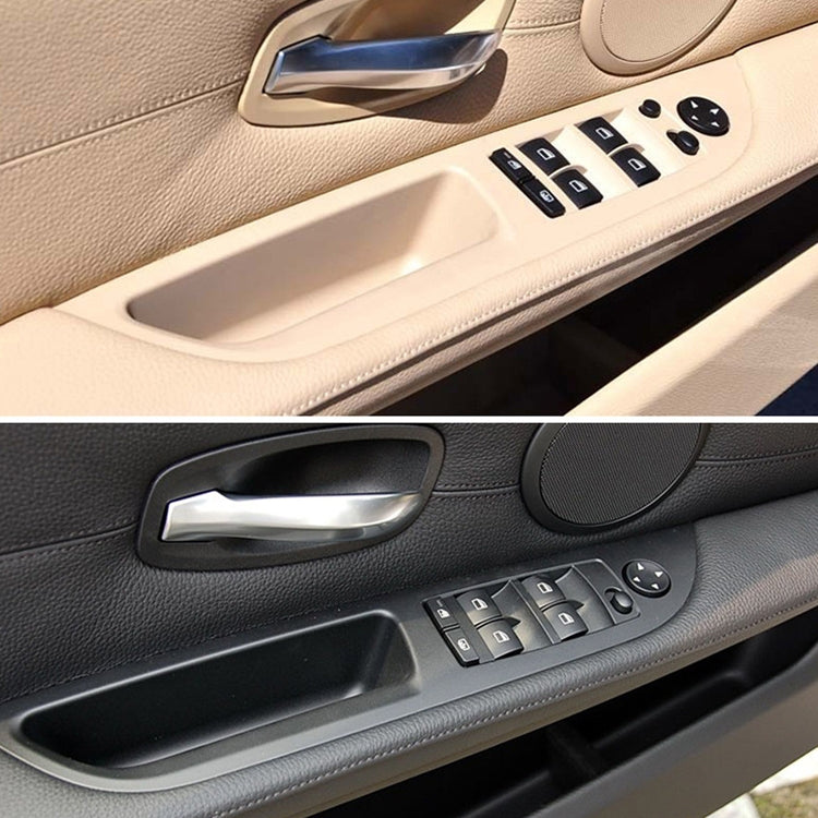 Beige and black left front door window switch trim panels with power window buttons