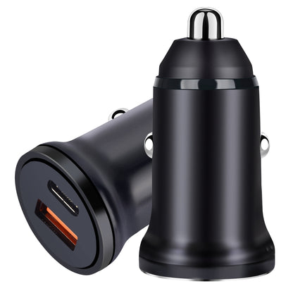 Black dual-port car charger with USB-C and USB-A fast charging ports