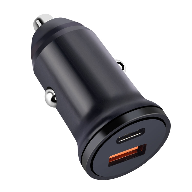 Black car charger angled view with USB-C port and USB-A fast charge