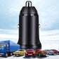 Black PD car charger with USB-C and USB-A ports, compact metal design