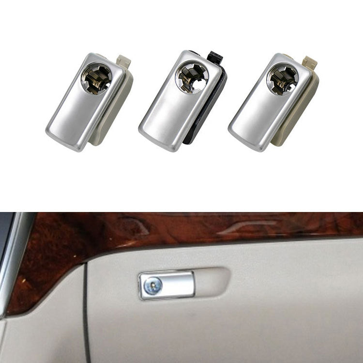 Car glove box handle switch shown in three pieces, silver with key cylinders