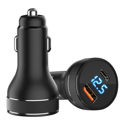 Black car charger with USB-C and dual ports, blue digital display