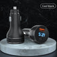 Black dual-port car charger with blue digital power display and textured grip