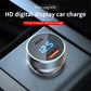 Round digital display car charger with USB-C and dual USB ports, blue LEDs