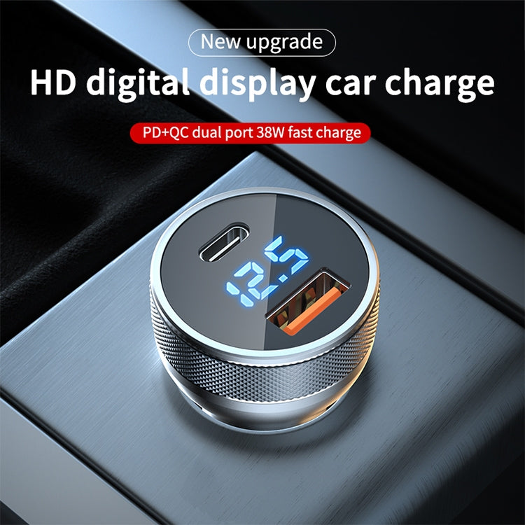 Round digital display car charger with USB-C and dual USB ports, blue LEDs