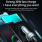 Silver USB-C car charger with dual ports, blue digital display and phone charging