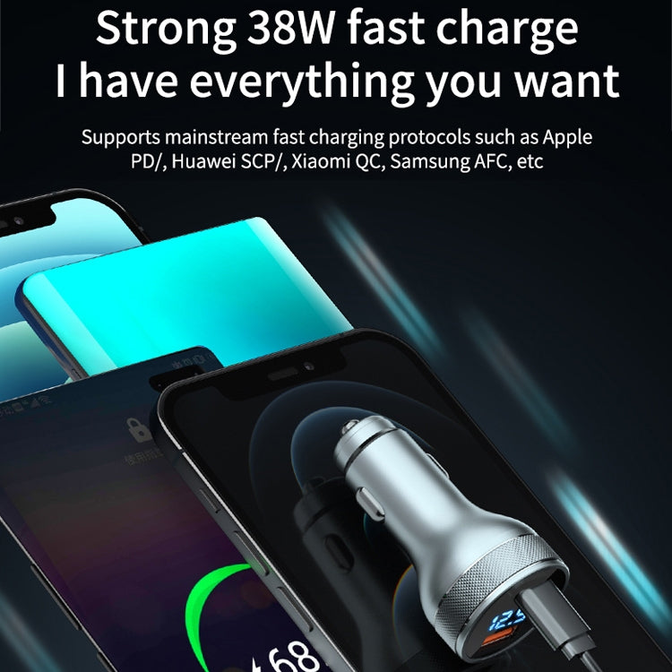 Silver USB-C car charger with dual ports, blue digital display and phone charging