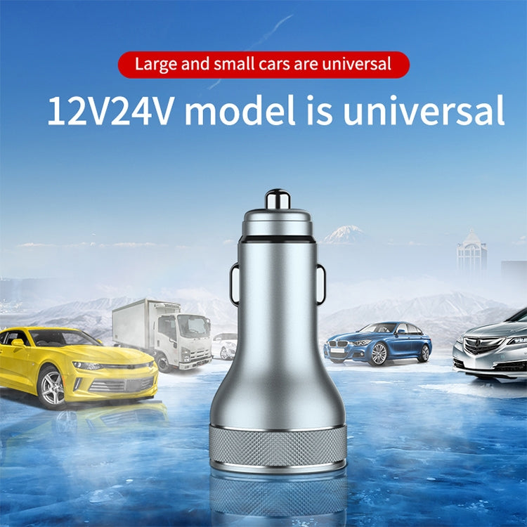 Silver dual-port car charger with USB-C and digital blue display