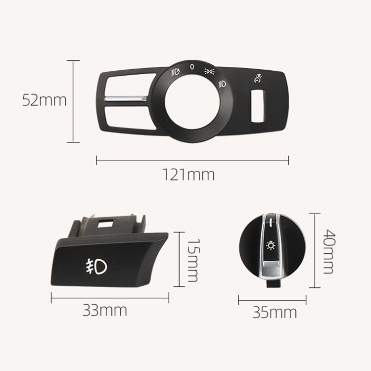 Black headlight switch panel with circular dial and side buttons, size diagram