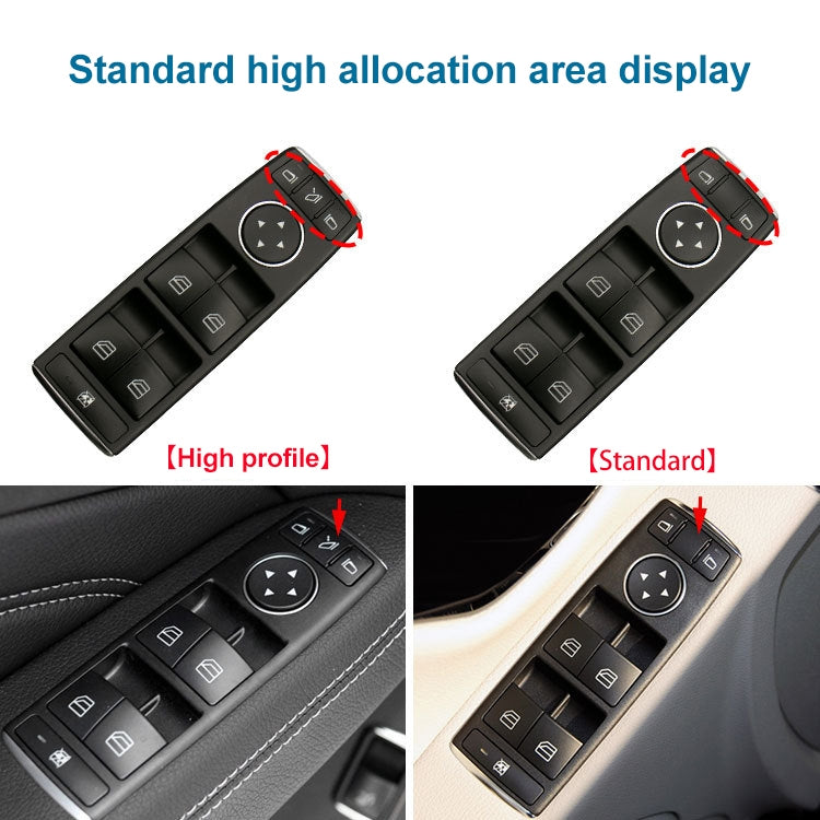 Car window switch panel with arrow pad and grouped window buttons on black trim