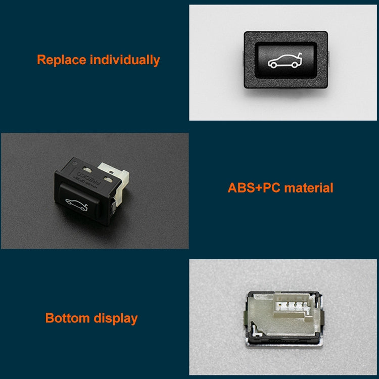 Black trunk switch button with white car icon, close-up with connector pins
