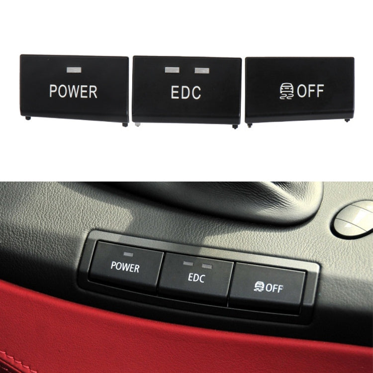 Car center console switch buttons: POWER, EDC, and OFF, black panels