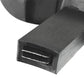 Close-up of right car seat release handle tab, black plastic rectangular slot