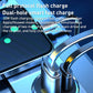 Dual-port car charger with two connectors, chrome body and black top on dashboard.