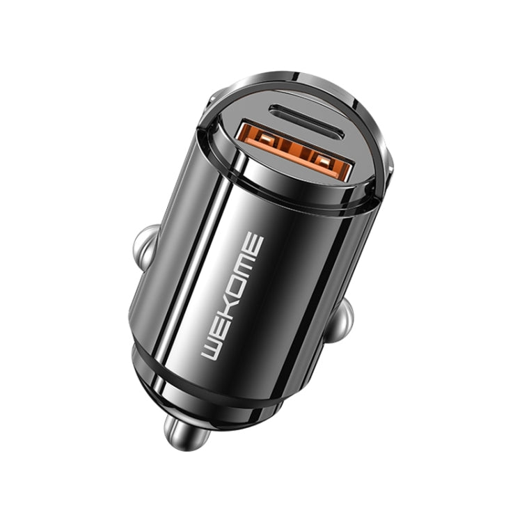 Mini car charger with USB and Type-C ports, black and silver metal body