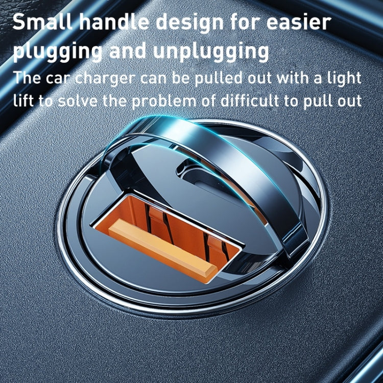 Mini car charger plug with orange connector insert, black and silver head