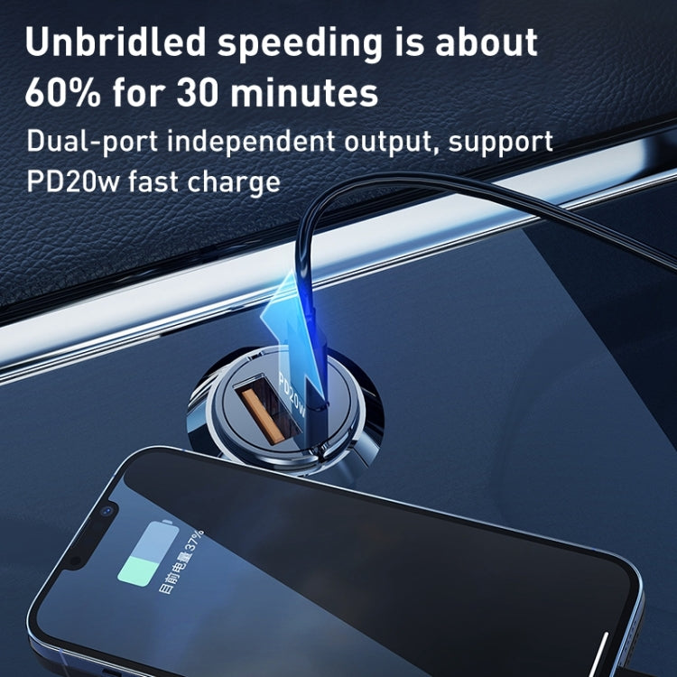 Mini car charger in car socket with cable, illuminated orange insert