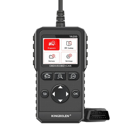 Handheld OBD2 diagnostic scan tool with color display and control buttons, black casing
