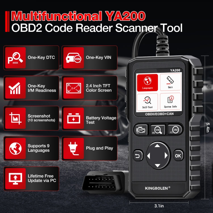 OBD2 code reader scan tool with screen, function icons, and side OBD connector, black