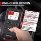 OBD2 scan tool held in a hand with color touchscreen and navigation buttons, black