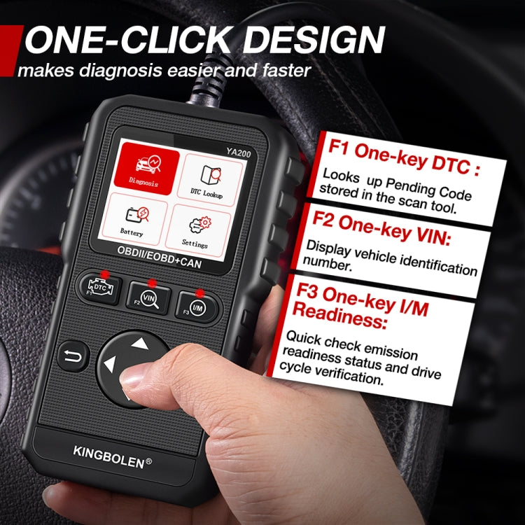 OBD2 scan tool held in a hand with color touchscreen and navigation buttons, black