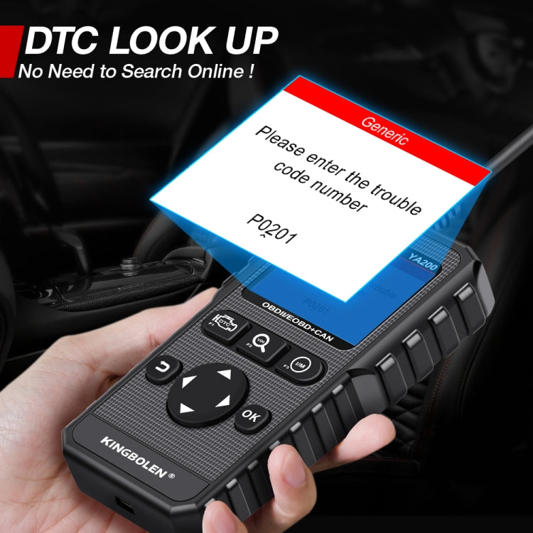 OBD2 code reader scan tool in hand with screen prompt and OBD cable, black