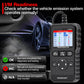 OBD2 scan tool device with screen and button panel, shown beside an OBD cable