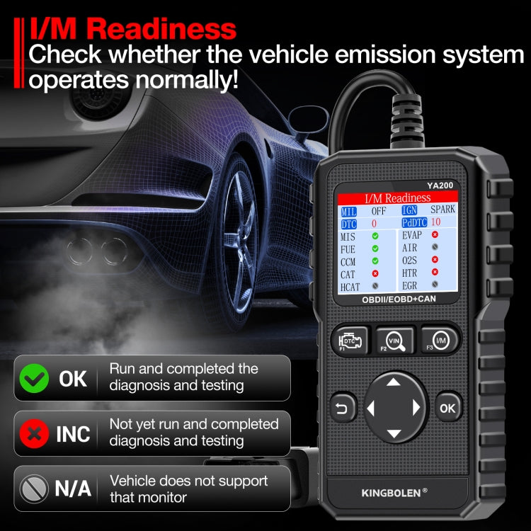OBD2 scan tool device with screen and button panel, shown beside an OBD cable