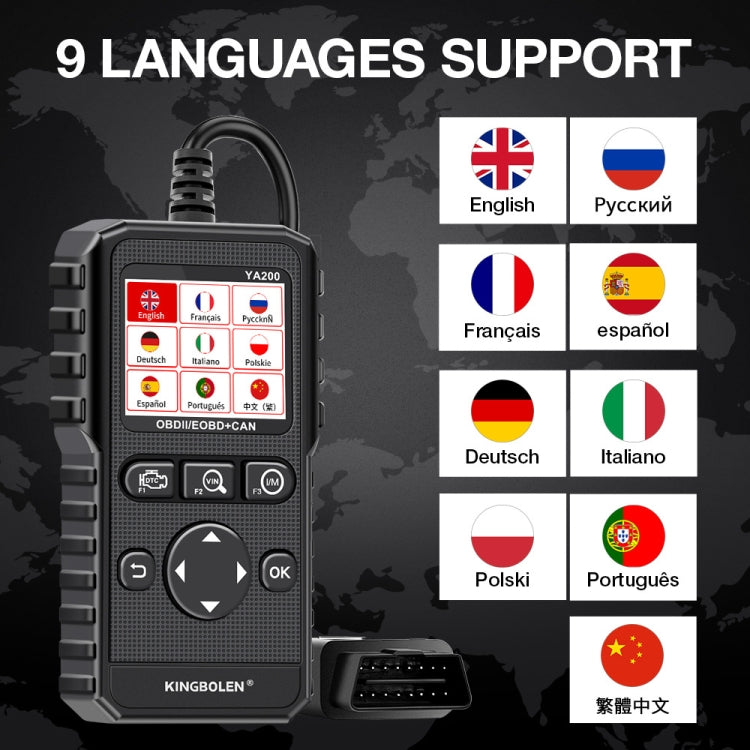 OBD2 scanner device with multi-language selection screen, black casing and OBD plug