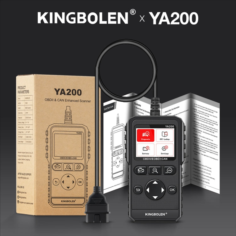 OBD2 diagnostic scan tool with user manual and boxed packaging, black handheld device