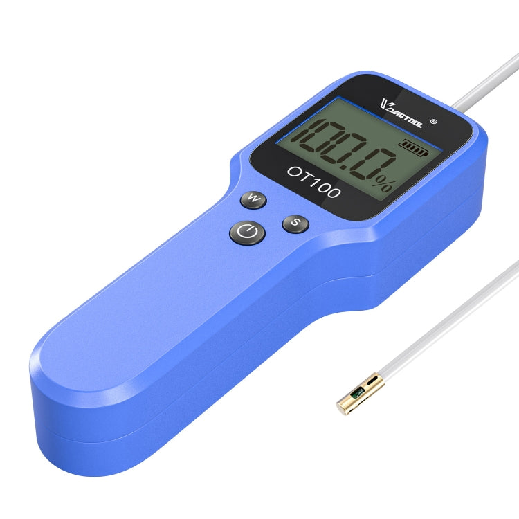 Blue handheld oil tester with LCD screen, side buttons, and metal probe connection