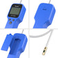 Blue handheld oil tester with LCD screen and wired metal probe tip connector