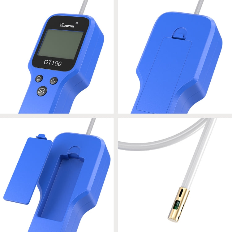 Blue handheld oil tester with LCD screen and wired metal probe tip connector