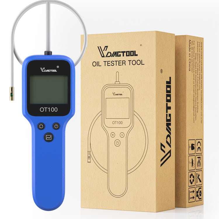 Blue oil tester with protective probe cover and attached cable with metal gold tip