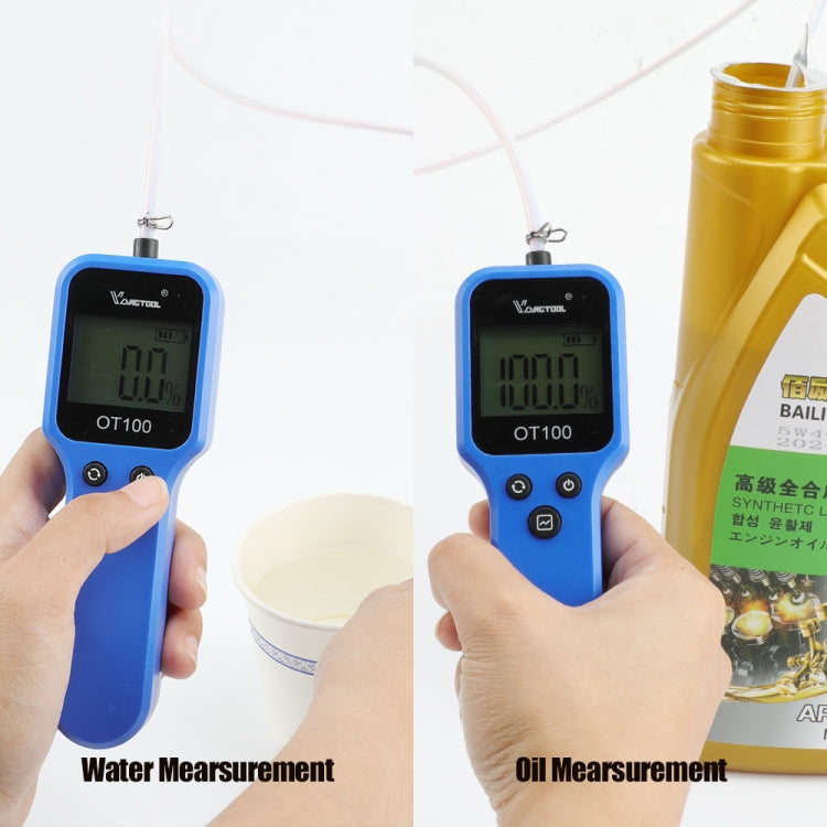 Blue oil tester held in hand with LCD display and metal probe tip for oil checking