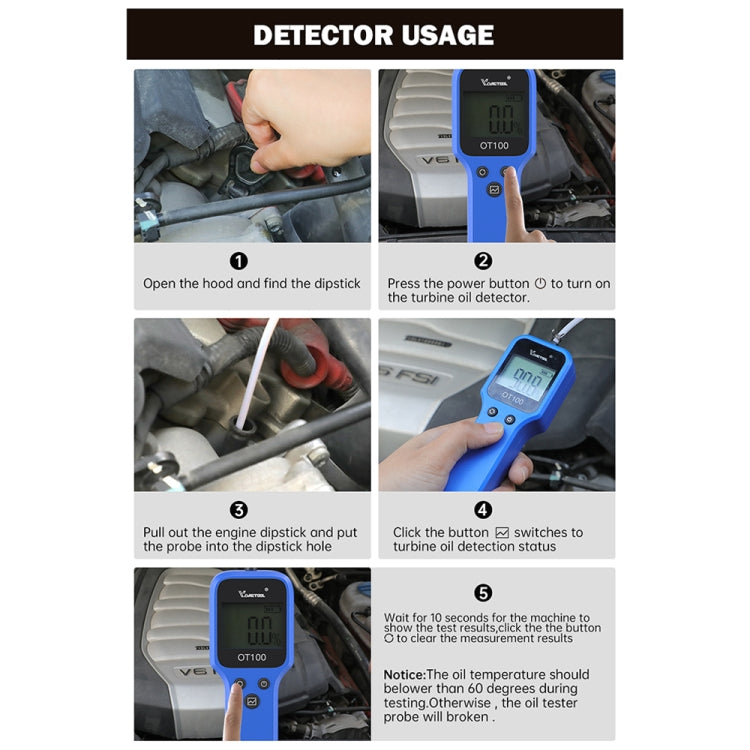 Blue oil tester guide showing probe insertion steps with on-device controls